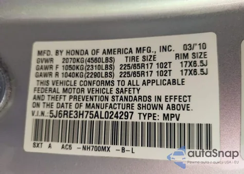 2010 Honda Cr-V Ex-L z USA, uszkodzony, nr VIN 5J6RE3H75AL024297